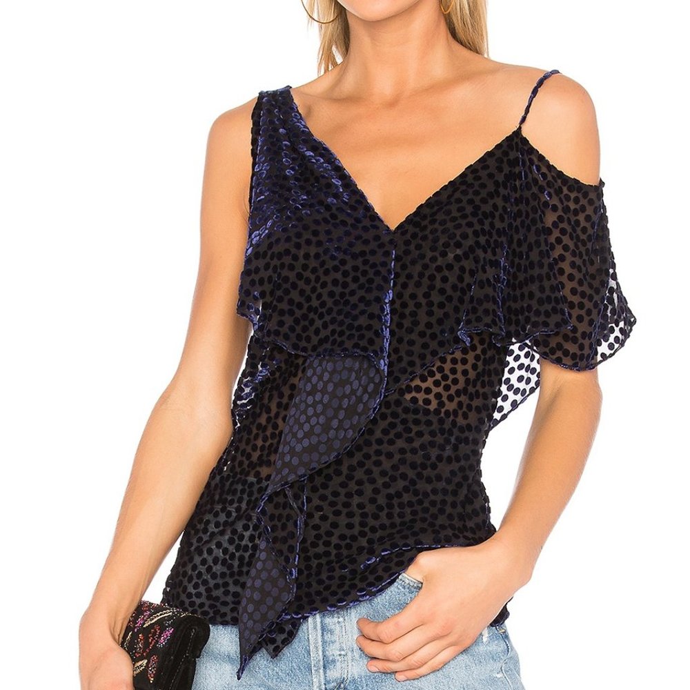Diane von Furstenberg Silk Polka Dot Asymmetrical Ruffle Top